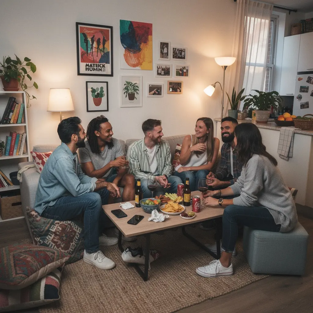 Przestronny korytarz z wbudowanymi półkami i efektownym oświetleniem podłogowym.