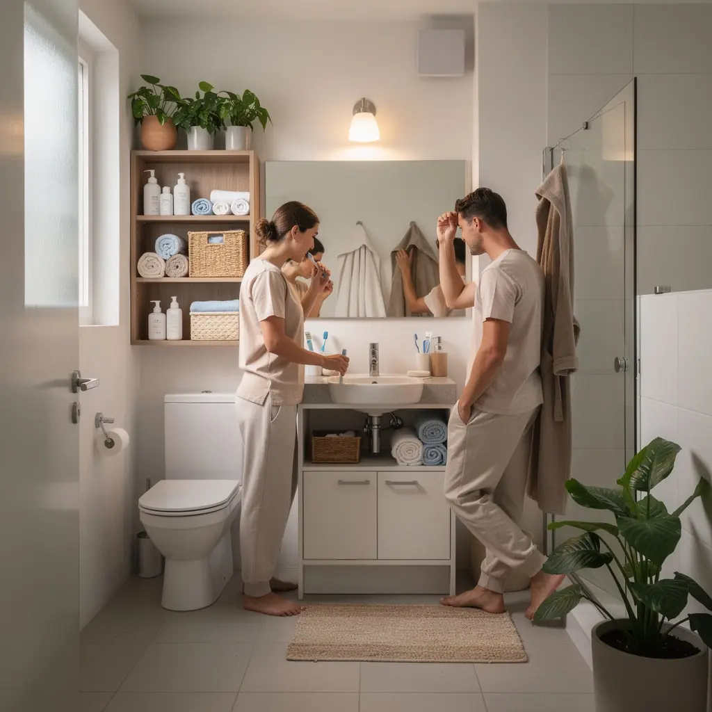 Pokój dziecięcy z kolorowymi meblami, funkcjonalnymi schowkami i przyjemnym oświetleniem.